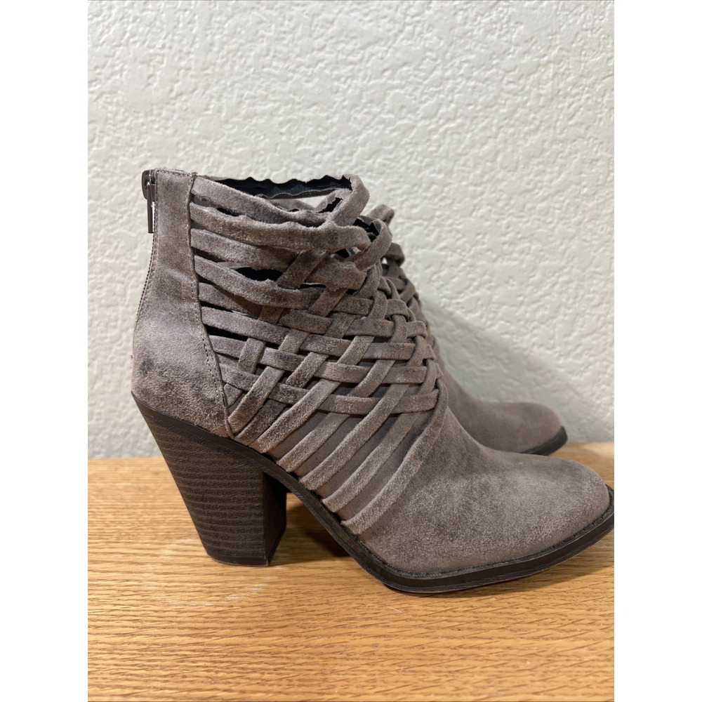Fergalicious Short Strappy Ankle Heel Boots Women's Size 7 Weever Gray Taupe
